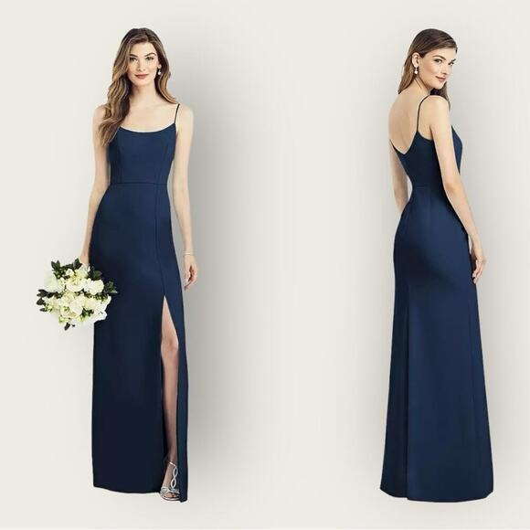 NWT | After Six | Spaghetti Strap Crepe Gown w/ Front Slit | Midnight Navy - Picture 1 of 13